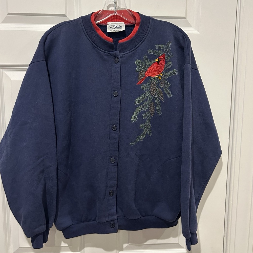 Vtg 90s Artisans Sunschein Designs Cardinal Sweatshirt Cardigan Womens Medium M